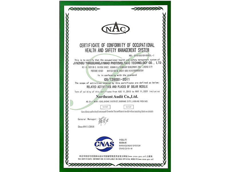 職業(yè)健康安全管理體系認証証明書（英語）